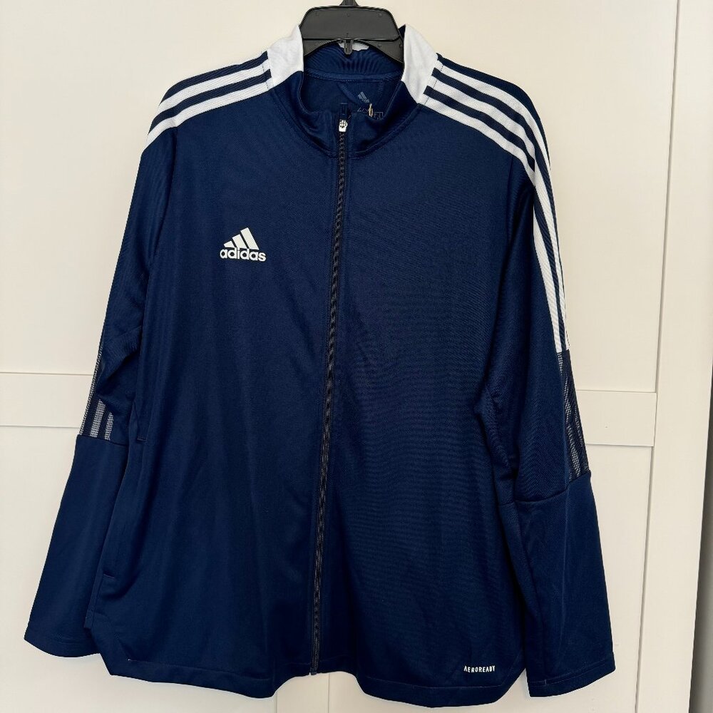 Adidas Tiro Track Jacket Women's Size 2X Blue Full Zip 3 Stripes Stand Collar Ae